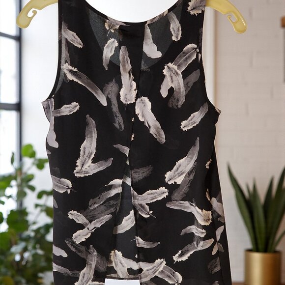 Express XS Feather Print Split Back Tank Top – Black & White Chiffon, Lightweigh - Picture 3 of 9